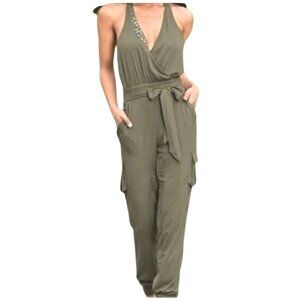 Venus Olive Green Sleeveless Jumpsuit With  Rhinestone Embellishment Neckline L